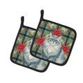 Persian Blue Cat with Poinsettias Pot Holder Set of 2 Heat Resistant Quilted Hot Pads 7.5 x 7.5 Inch, Insulated Kitchen Trivets for Cooking & Baking
