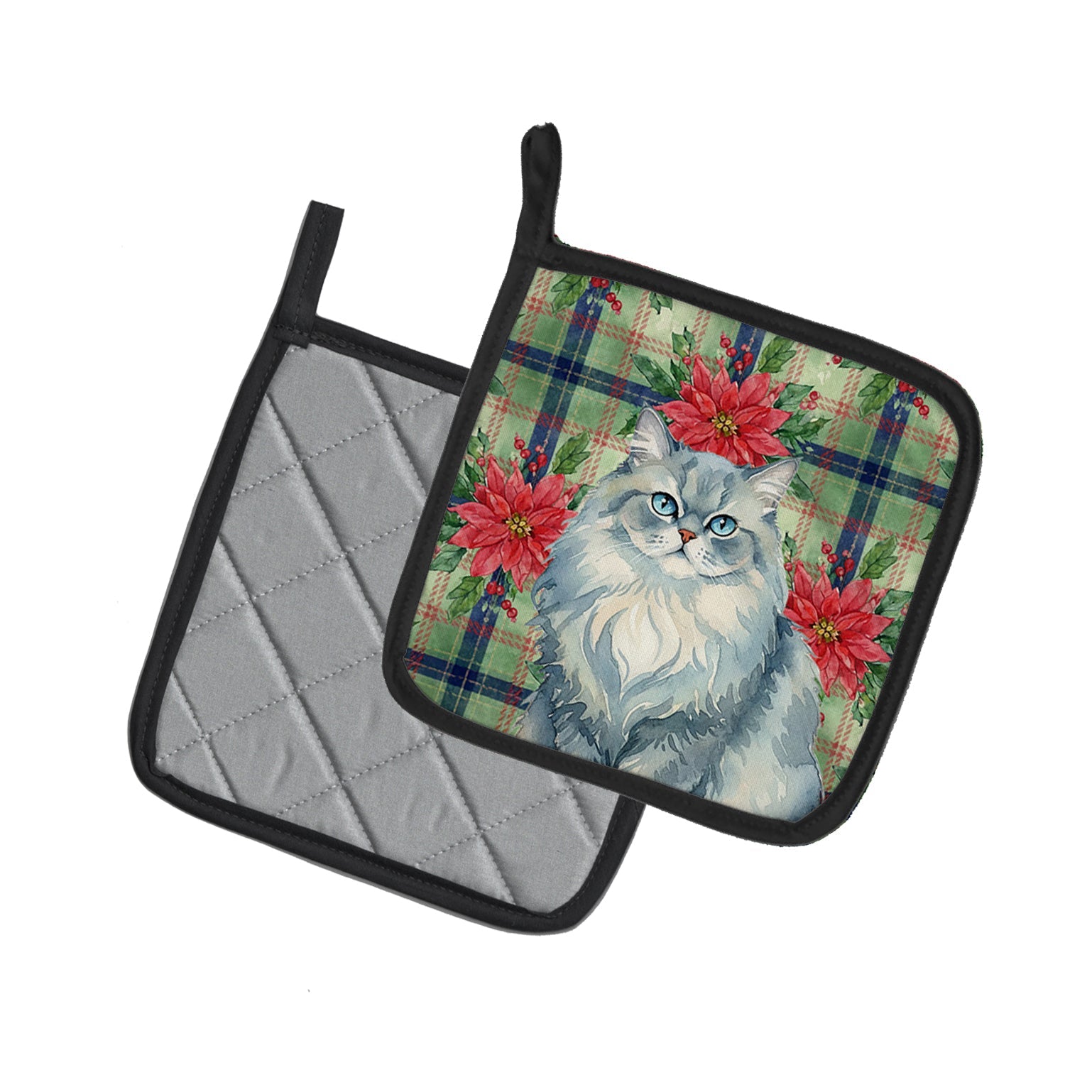 Persian Blue Cat with Poinsettias Pot Holder Set of 2 Heat Resistant Quilted Hot Pads 7.5 x 7.5 Inch, Insulated Kitchen Trivets for Cooking & Baking