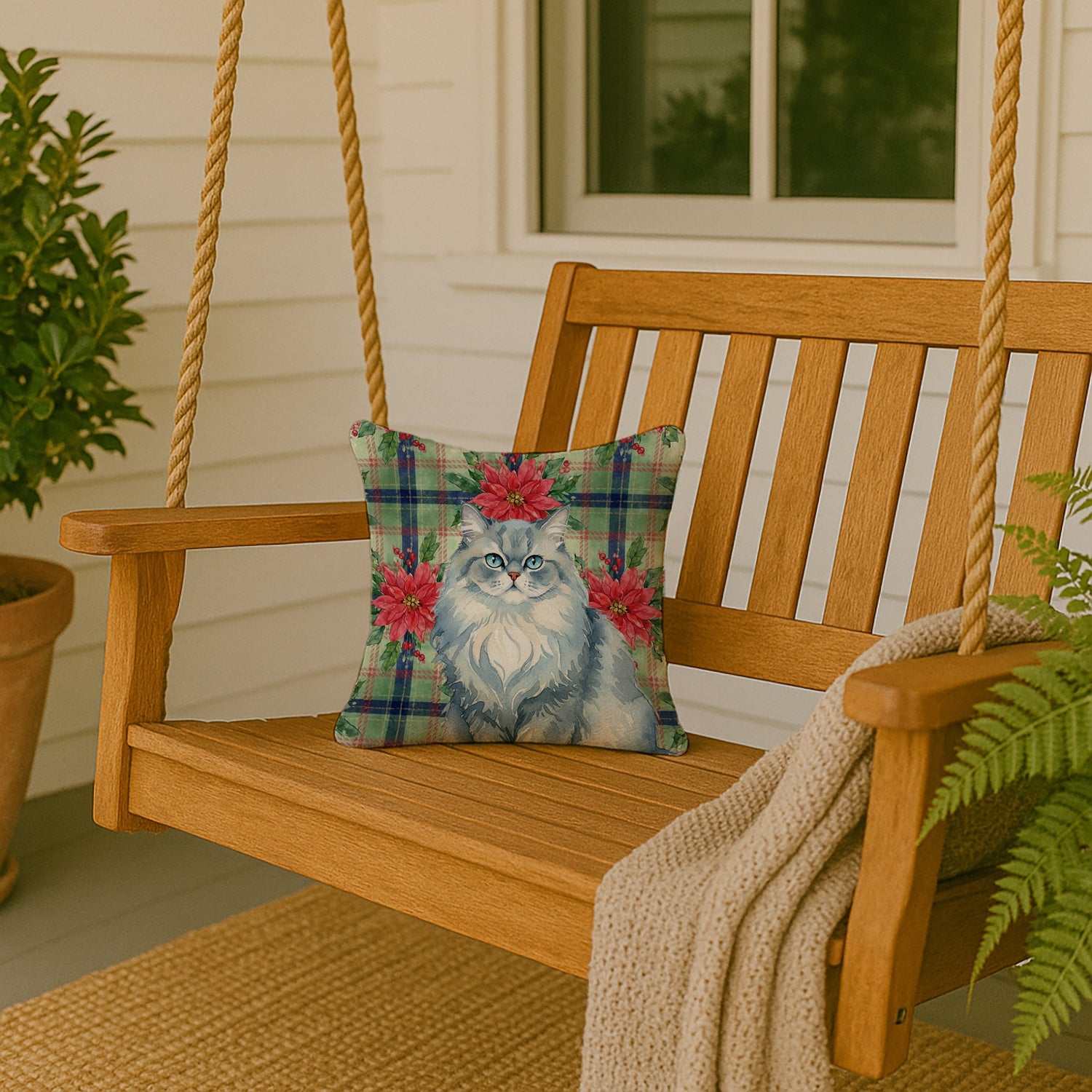 Persian Blue Cat with Poinsettias Decorative Throw Pillow 14x14 Indoor Outdoor Accent Cushion, Fabric Cover with Insert for Sofa, Bed, Porch & Living Room