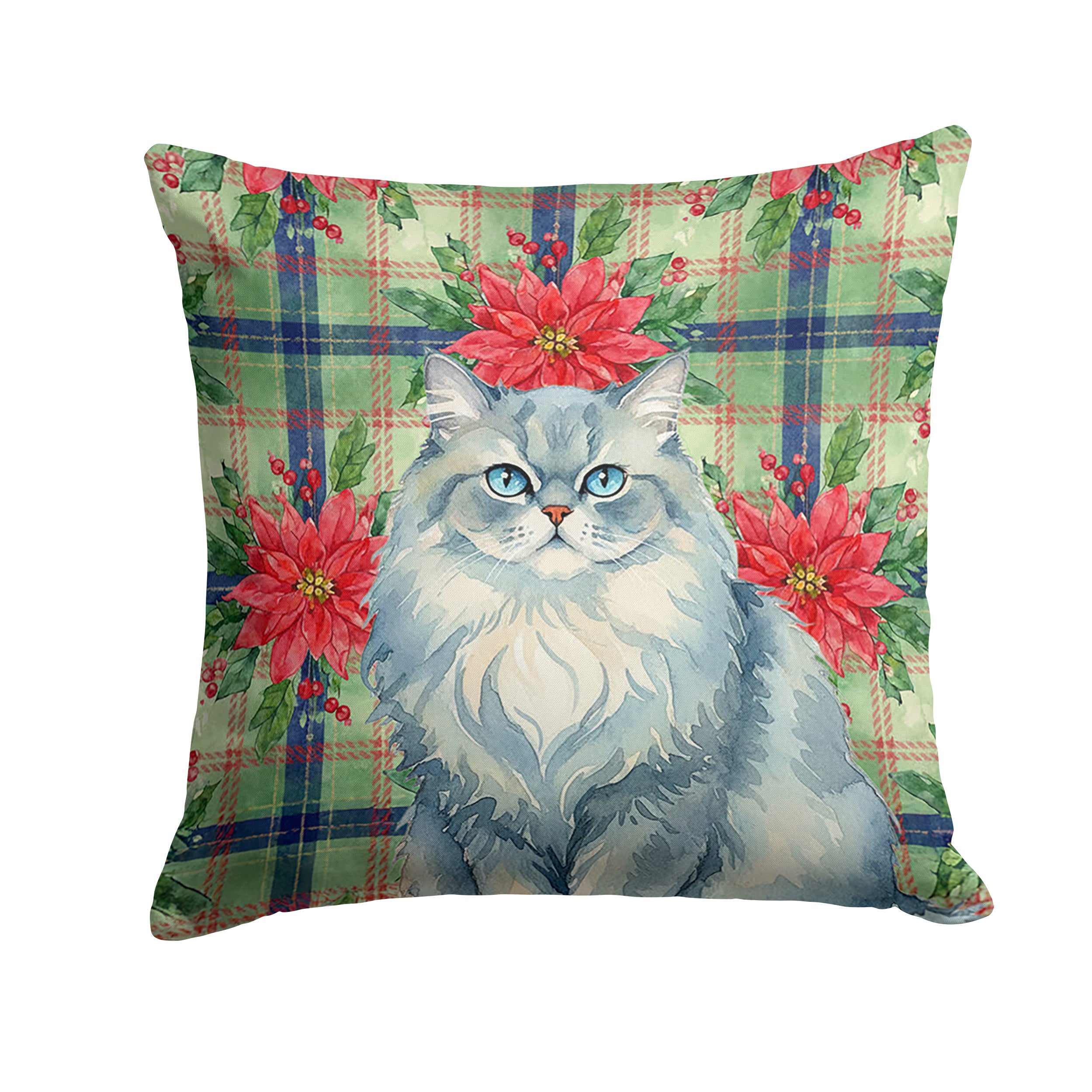 Persian Blue Cat with Poinsettias Decorative Throw Pillow 18x18 Indoor Outdoor Accent Cushion, Fabric Cover with Insert for Sofa, Bed, Porch & Living Room
