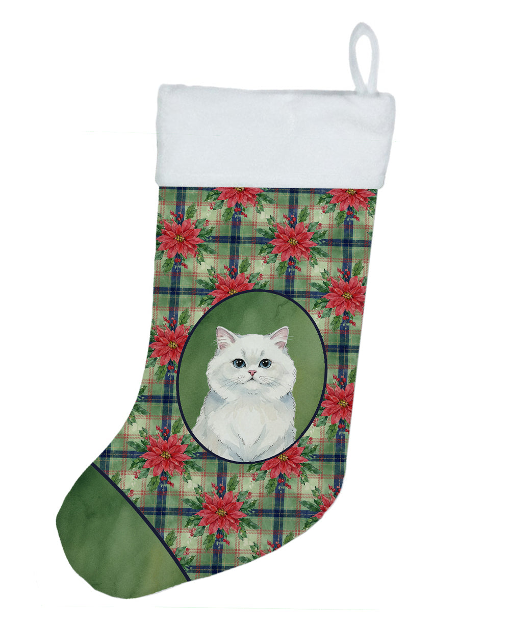 Persian White Cat with Poinsettias Holiday Stocking Double-Sided Print, Polyester Suede,11x18, Made in USA
