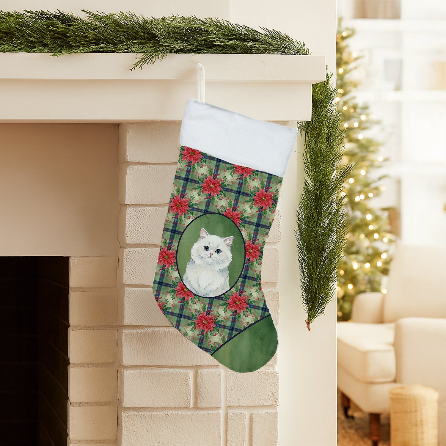 Persian White Cat with Poinsettias Holiday Stocking Double-Sided Print, Polyester Suede,11x18, Made in USA