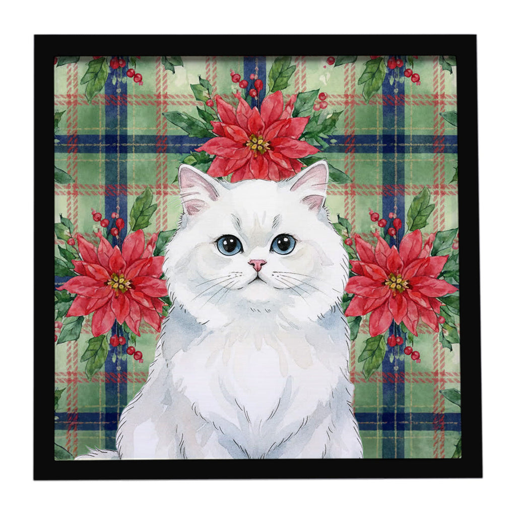 Persian White Cat with Poinsettias Framed Metal Print Bathroom, Kitchen, Office, Home Decor Wall Art Ready to Hang, Square, 8X8