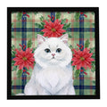 Persian White Cat with Poinsettias Framed Metal Print Bathroom, Kitchen, Office, Home Decor Wall Art Ready to Hang, Square, 8X8