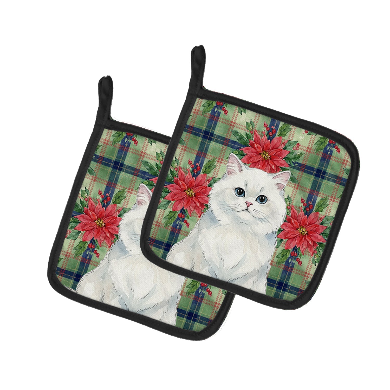 Persian White Cat with Poinsettias Pot Holder Set of 2 Heat Resistant Quilted Hot Pads 7.5 x 7.5 Inch, Insulated Kitchen Trivets for Cooking & Baking