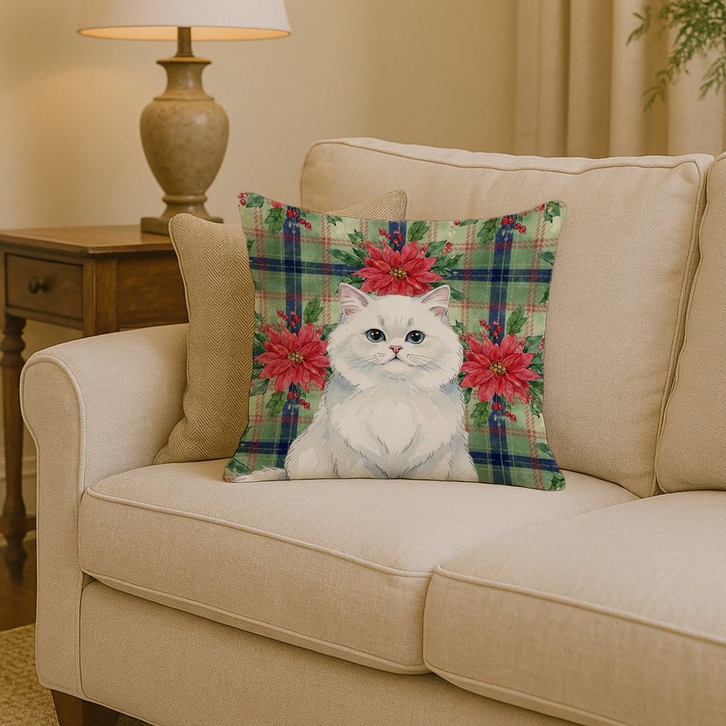 Persian White Cat with Poinsettias Decorative Throw Pillow 14x14 Indoor Outdoor Accent Cushion, Fabric Cover with Insert for Sofa, Bed, Porch & Living Room