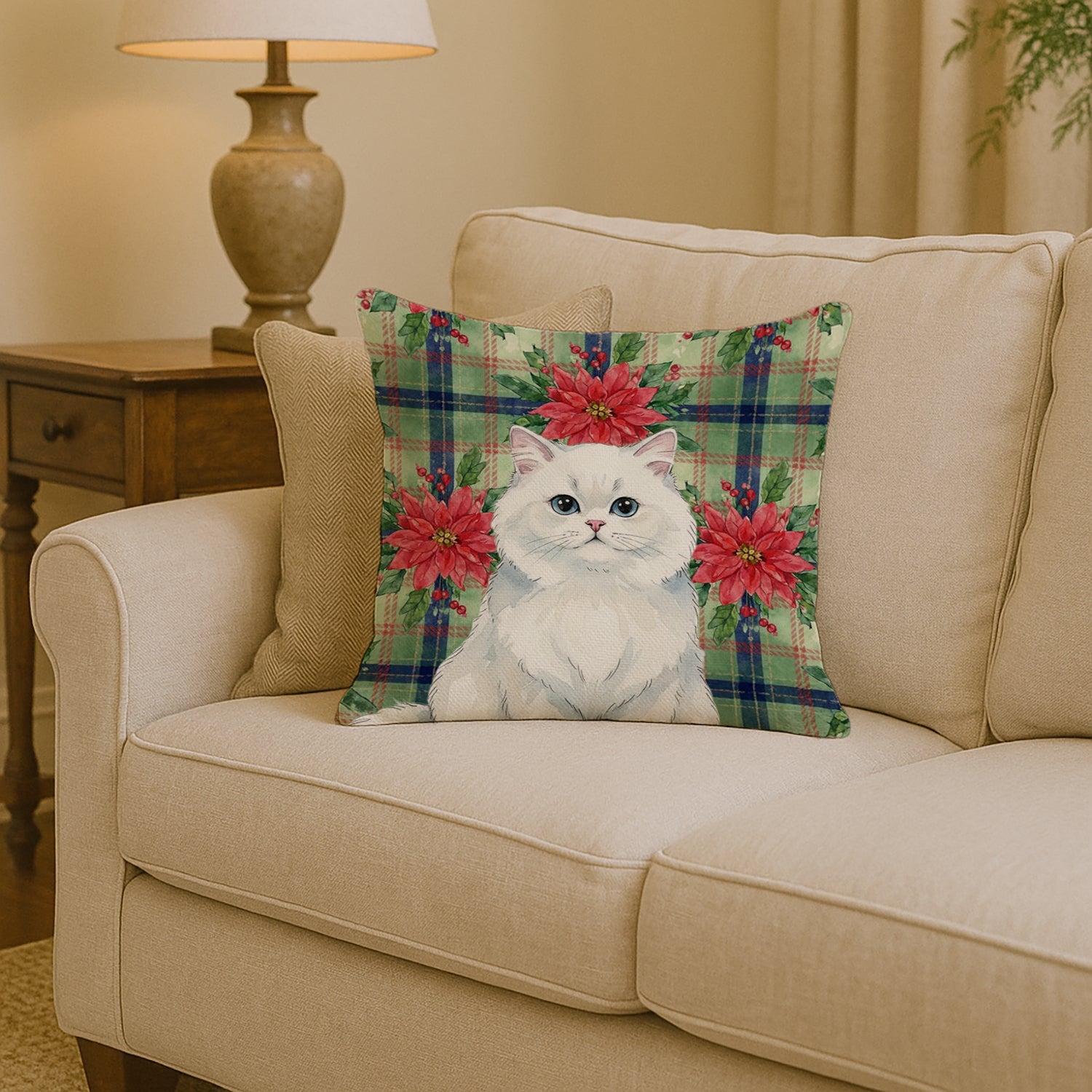 Persian White Cat with Poinsettias Decorative Throw Pillow 14x14 Indoor Outdoor Accent Cushion, Fabric Cover with Insert for Sofa, Bed, Porch & Living Room