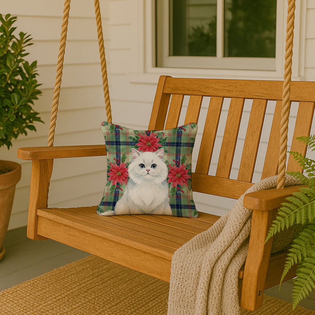 Persian White Cat with Poinsettias Decorative Throw Pillow 14x14 Indoor Outdoor Accent Cushion, Fabric Cover with Insert for Sofa, Bed, Porch & Living Room