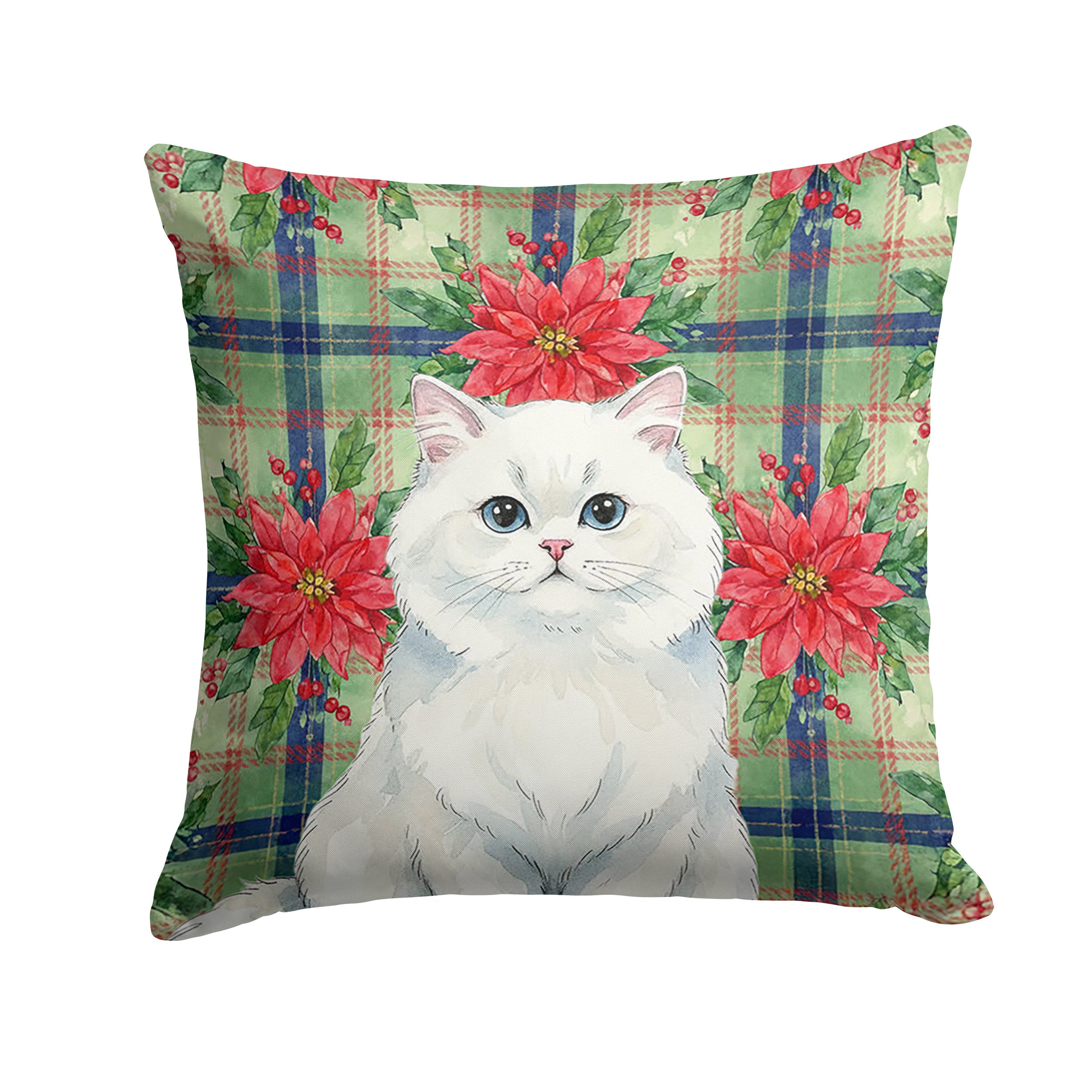 Persian White Cat with Poinsettias Decorative Throw Pillow 18x18 Indoor Outdoor Accent Cushion, Fabric Cover with Insert for Sofa, Bed, Porch & Living Room