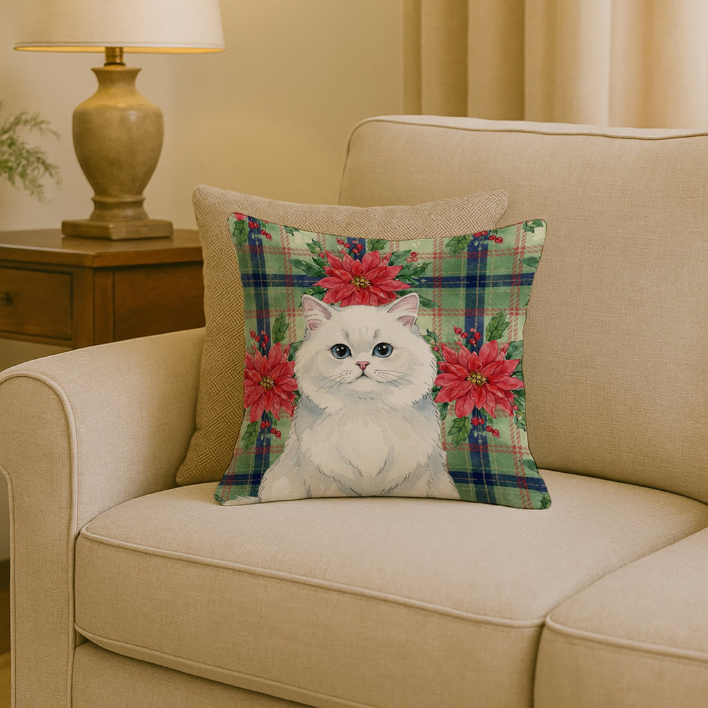 Persian White Cat with Poinsettias Decorative Throw Pillow 18x18 Indoor Outdoor Accent Cushion, Fabric Cover with Insert for Sofa, Bed, Porch & Living Room