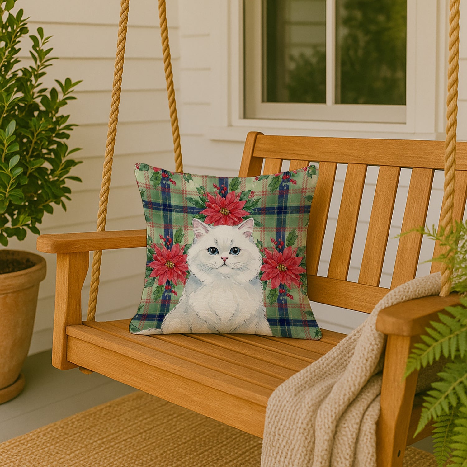 Persian White Cat with Poinsettias Decorative Throw Pillow 18x18 Indoor Outdoor Accent Cushion, Fabric Cover with Insert for Sofa, Bed, Porch & Living Room