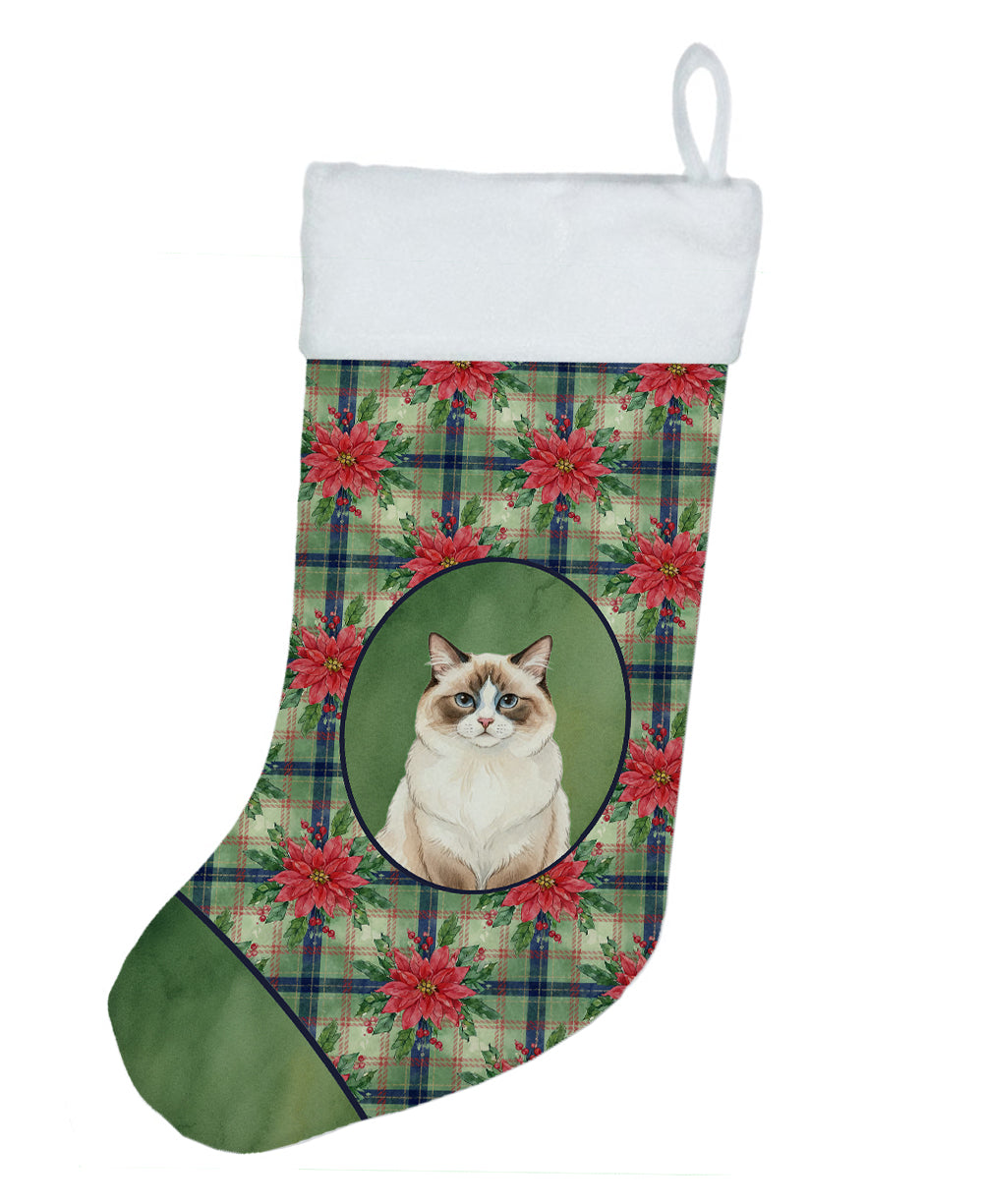 Ragdoll Bicolor Cat with Poinsettias Holiday Stocking Double-Sided Print, Polyester Suede,11x18, Made in USA
