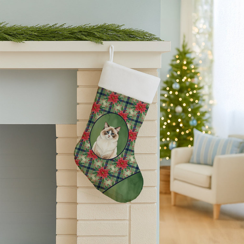 Ragdoll Bicolor Cat with Poinsettias Holiday Stocking Double-Sided Print, Polyester Suede,11x18, Made in USA