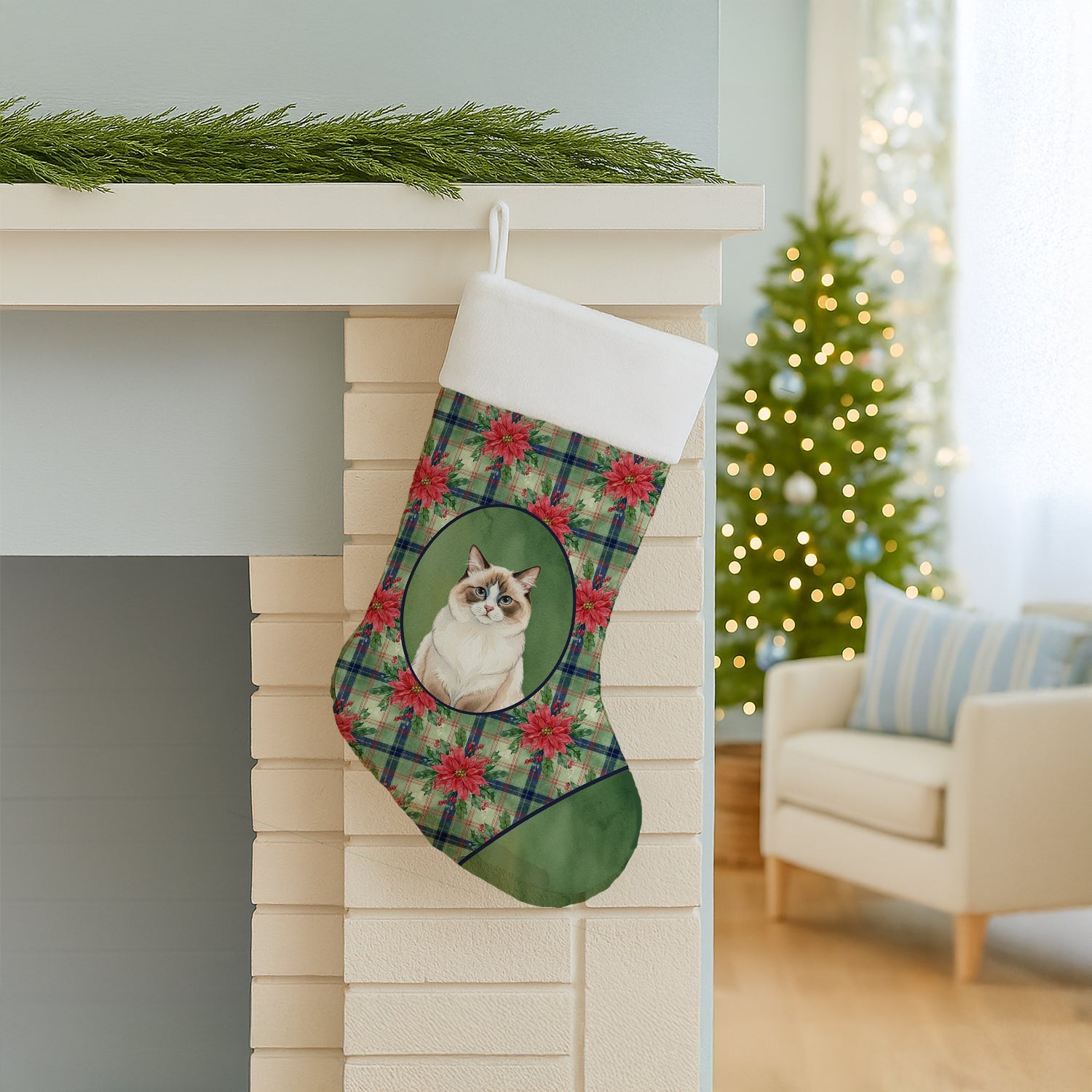 Ragdoll Bicolor Cat with Poinsettias Holiday Stocking Double-Sided Print, Polyester Suede,11x18, Made in USA
