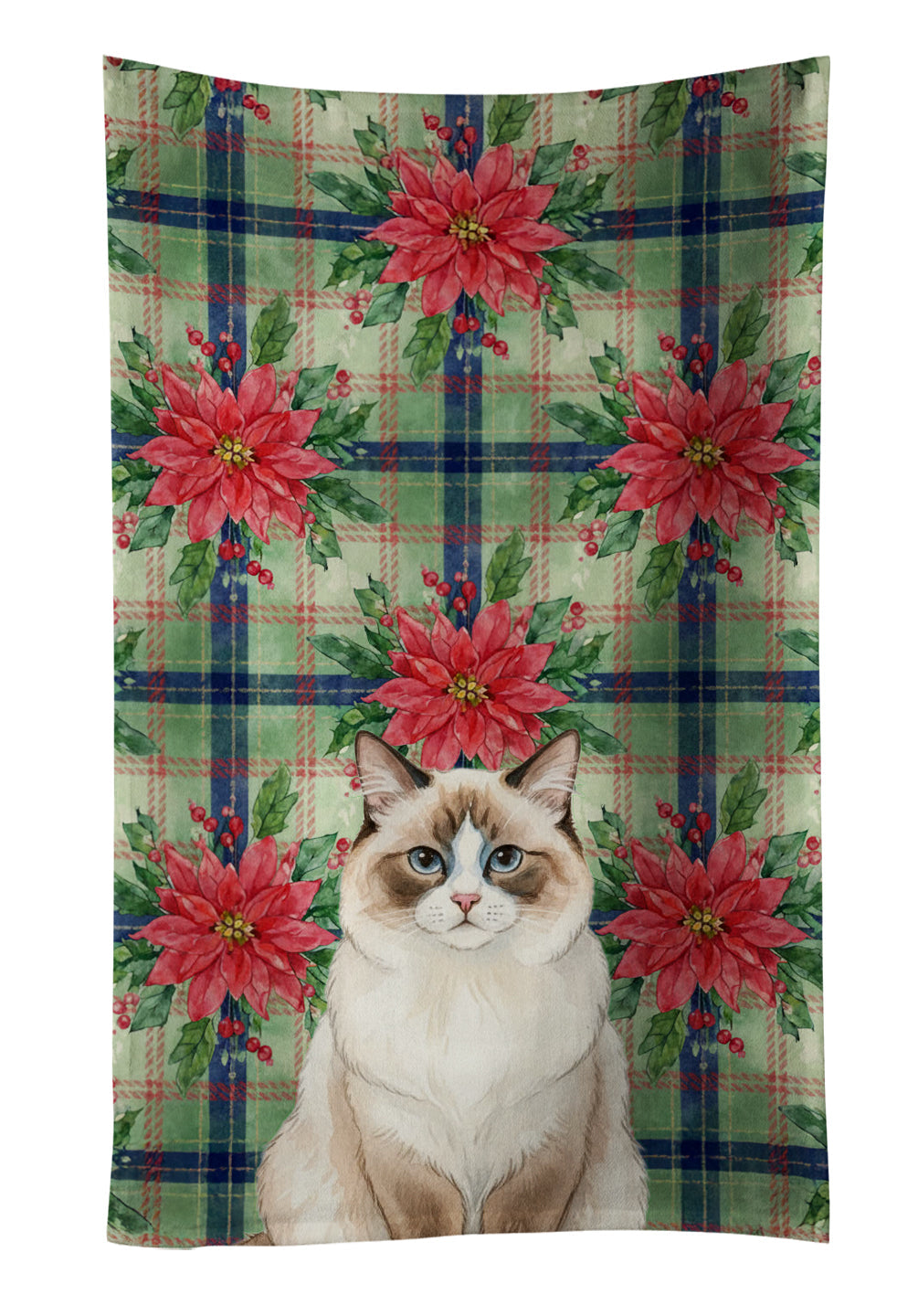 Ragdoll Bicolor Cat with Poinsettias Kitchen Towel Velour Plush Front and Cotton Loop Back Machine Washable