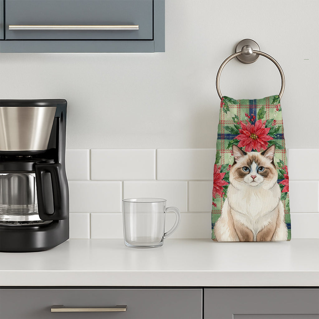 Ragdoll Bicolor Cat with Poinsettias Kitchen Towel Velour Plush Front and Cotton Loop Back Machine Washable