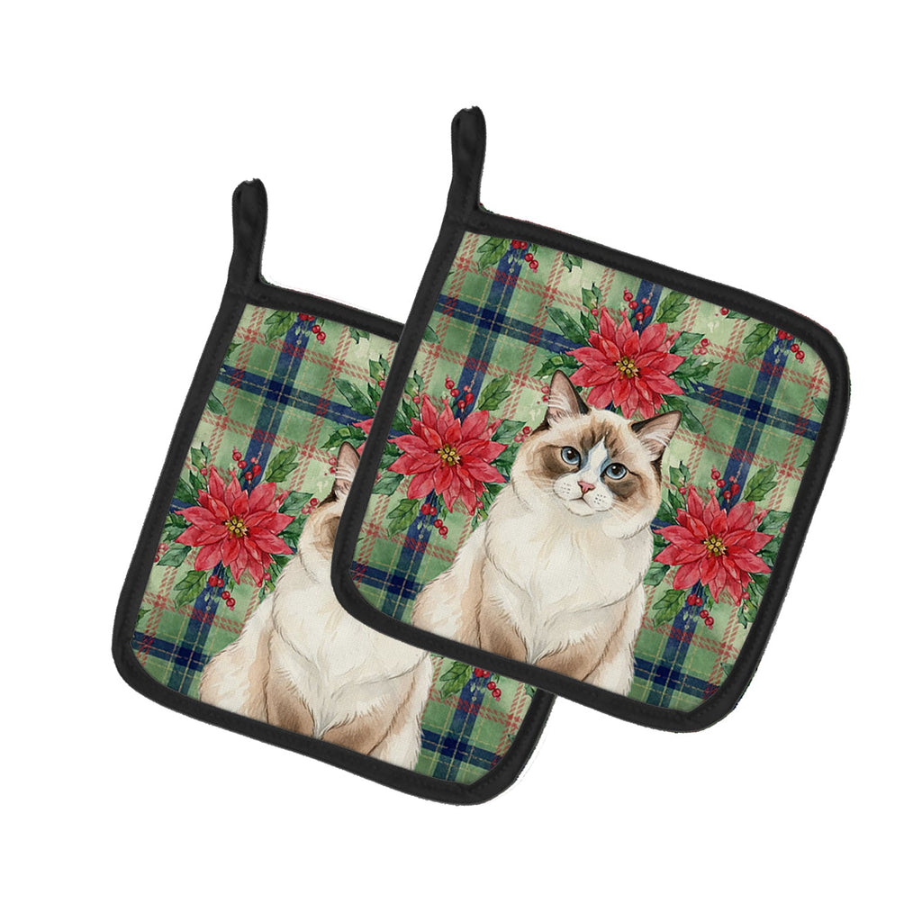 Ragdoll Bicolor Cat with Poinsettias Pot Holder Set of 2 Heat Resistant Quilted Hot Pads 7.5 x 7.5 Inch, Insulated Kitchen Trivets for Cooking & Baking