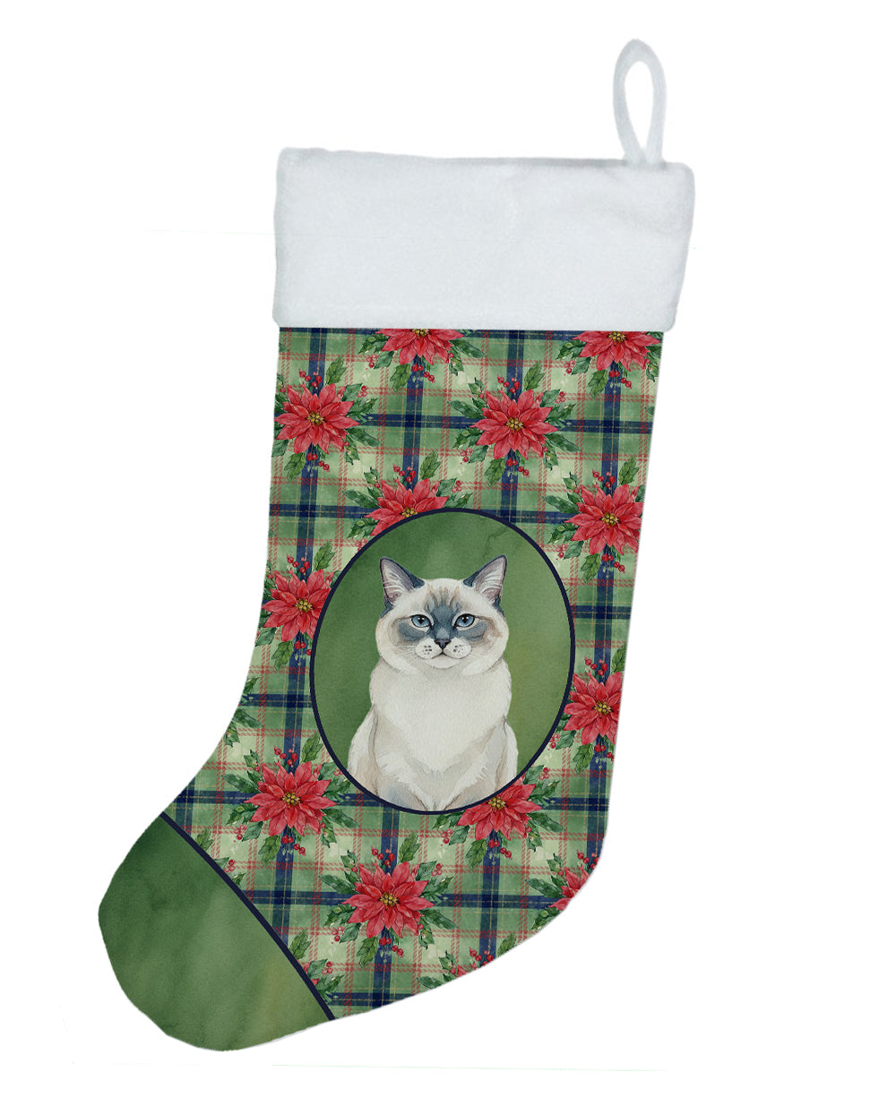 Ragdoll Blue Point Cat with Poinsettias Holiday Stocking Double-Sided Print, Polyester Suede,11x18, Made in USA