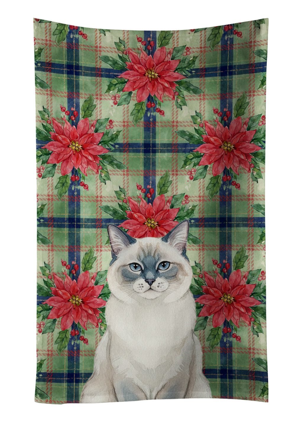 Ragdoll Blue Point Cat with Poinsettias Kitchen Towel Velour Plush Front and Cotton Loop Back Machine Washable