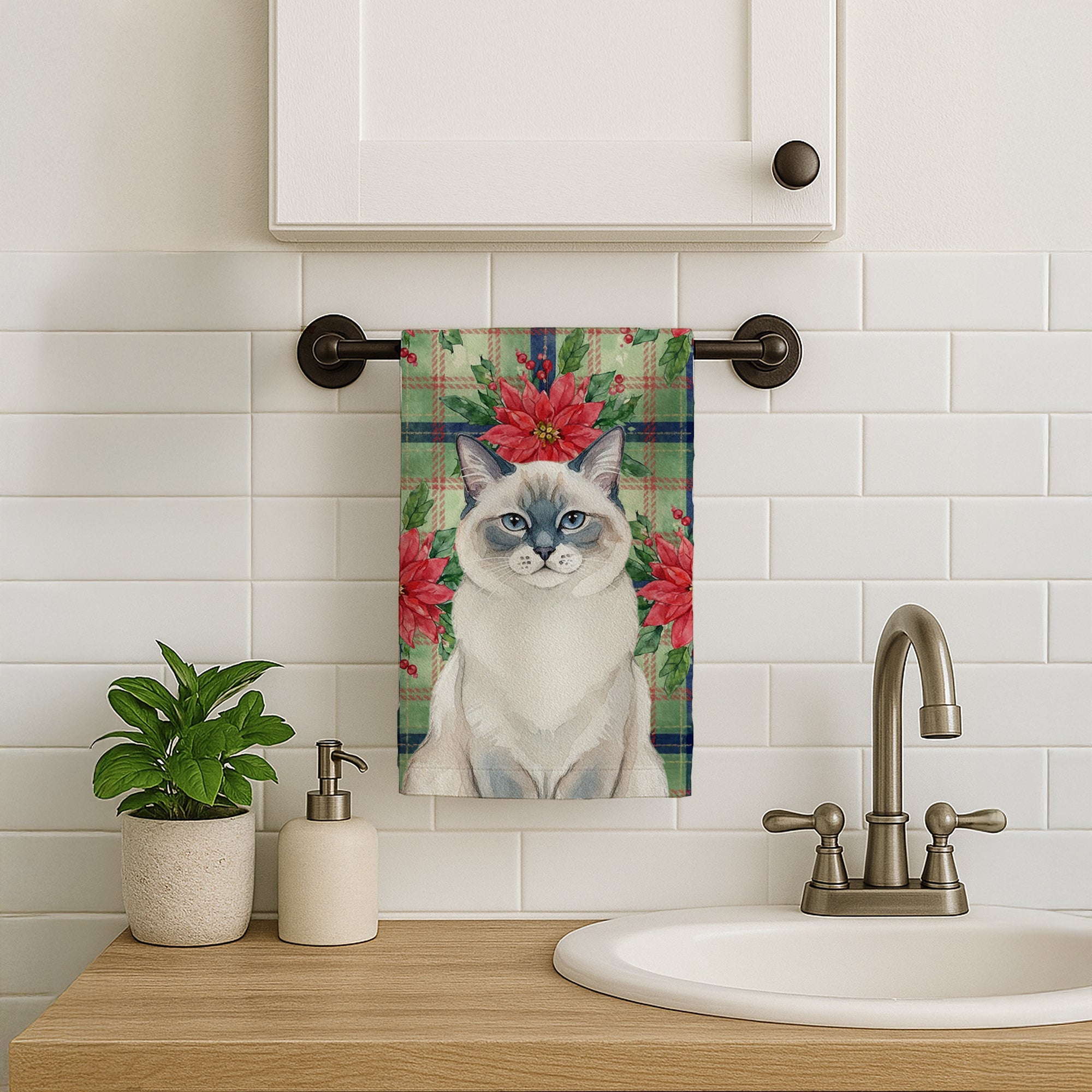 Ragdoll Blue Point Cat with Poinsettias Kitchen Towel Velour Plush Front and Cotton Loop Back Machine Washable