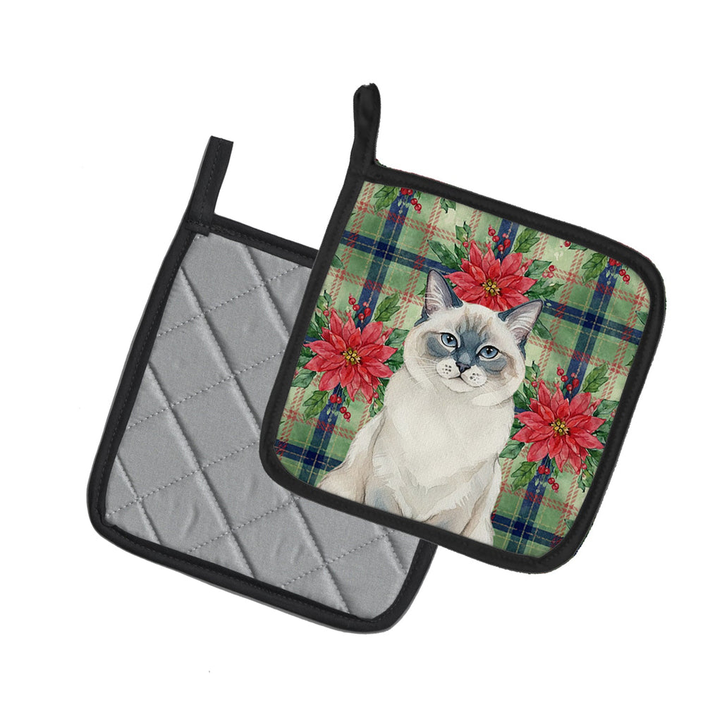 Ragdoll Blue Point Cat with Poinsettias Pot Holder Set of 2 Heat Resistant Quilted Hot Pads 7.5 x 7.5 Inch, Insulated Kitchen Trivets for Cooking & Baking