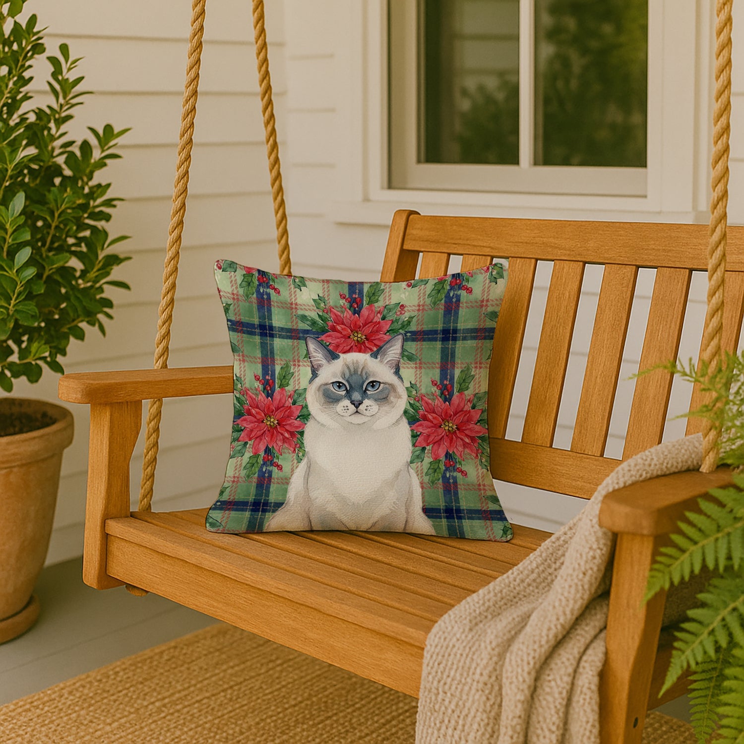 Ragdoll Blue Point Cat with Poinsettias Decorative Throw Pillow 18x18 Indoor Outdoor Accent Cushion, Fabric Cover with Insert for Sofa, Bed, Porch & Living Room
