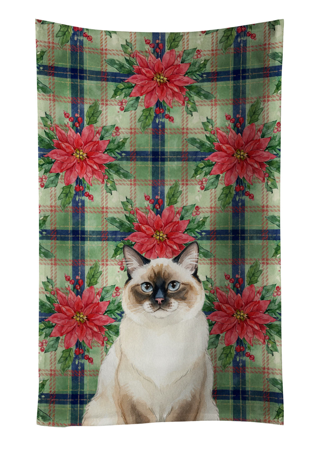 Ragdoll Seal Point Cat with Poinsettias Kitchen Towel Velour Plush Front and Cotton Loop Back Machine Washable