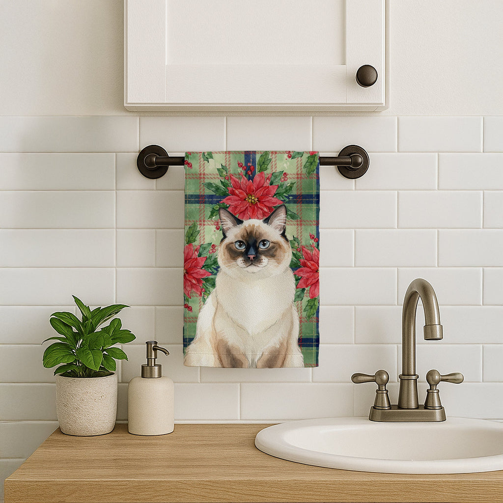 Ragdoll Seal Point Cat with Poinsettias Kitchen Towel Velour Plush Front and Cotton Loop Back Machine Washable