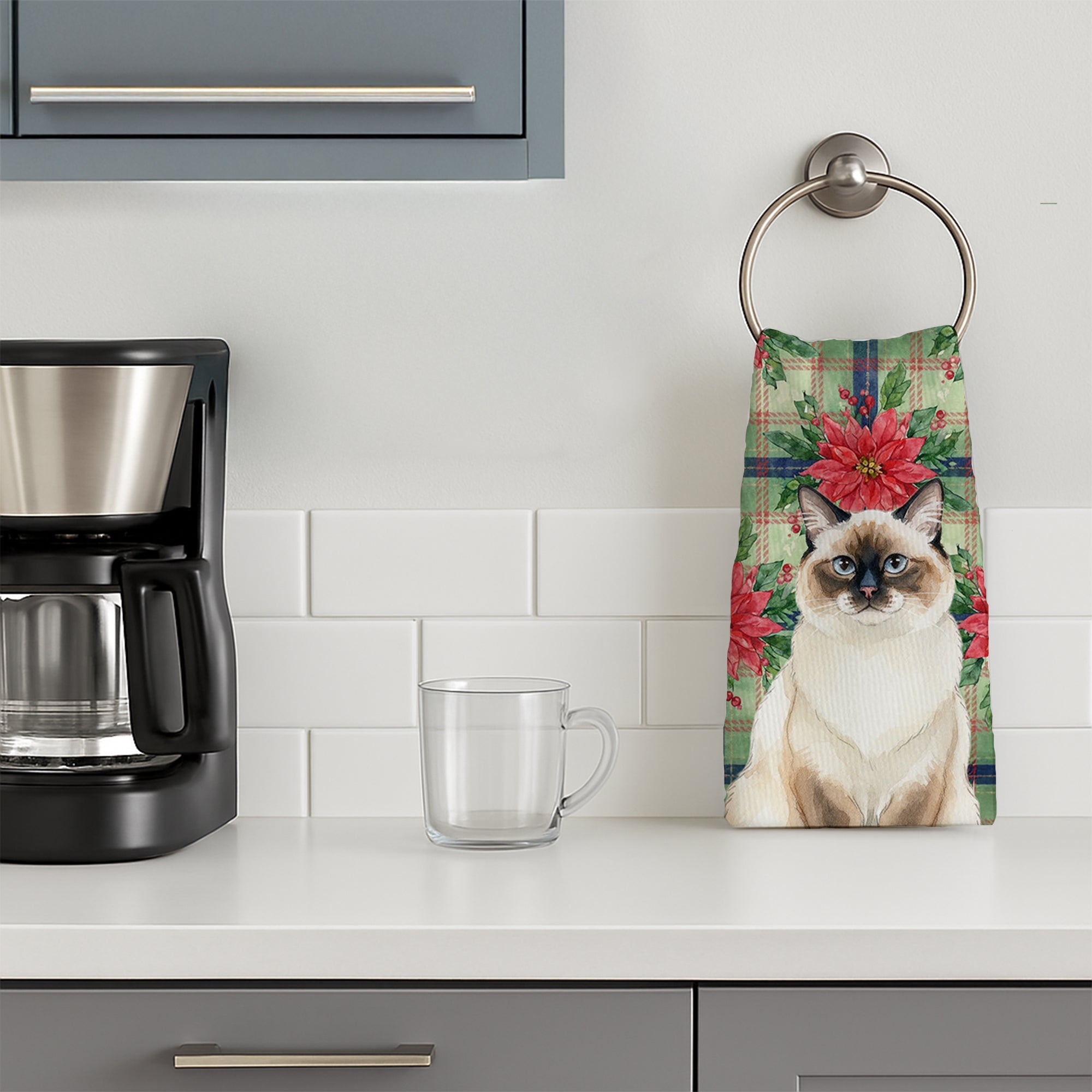 Ragdoll Seal Point Cat with Poinsettias Kitchen Towel Velour Plush Front and Cotton Loop Back Machine Washable