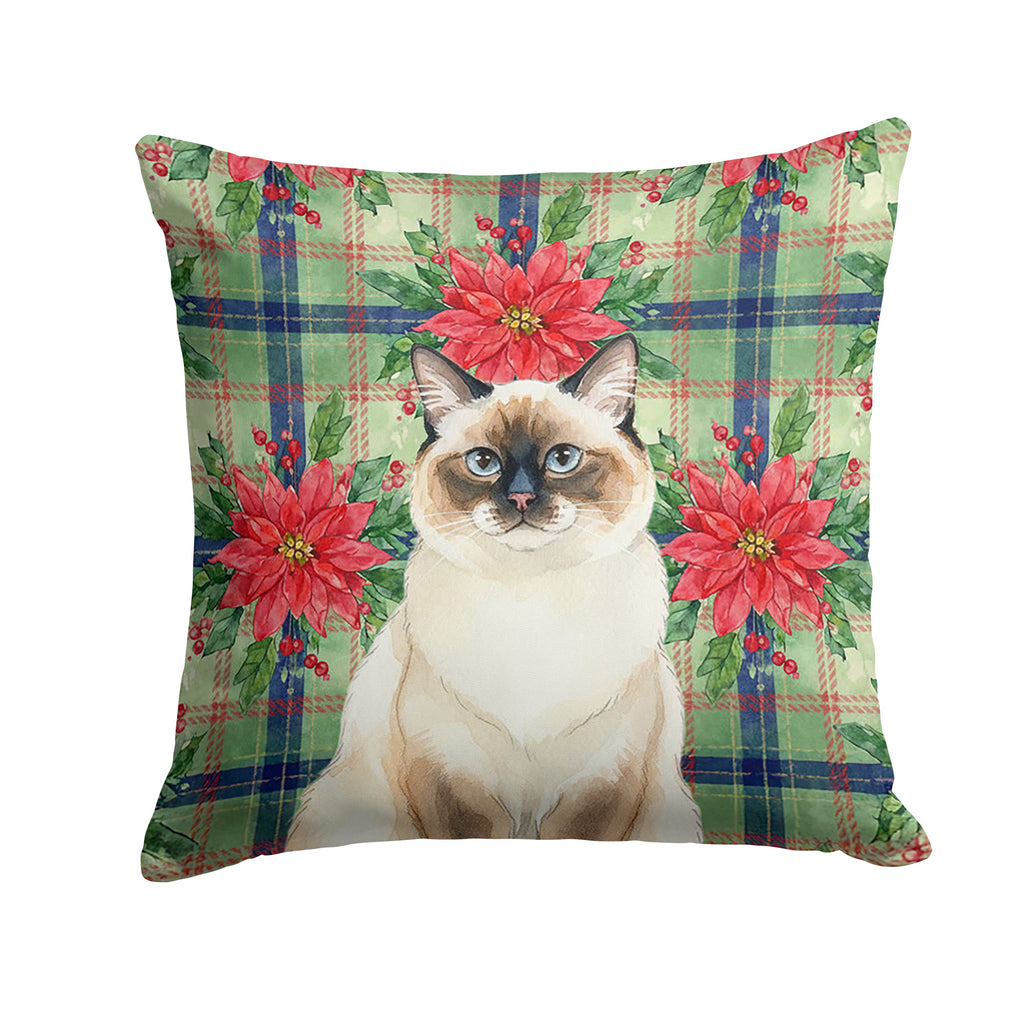 Ragdoll Seal Point Cat with Poinsettias Decorative Throw Pillow 14x14 Indoor Outdoor Accent Cushion, Fabric Cover with Insert for Sofa, Bed, Porch & Living Room