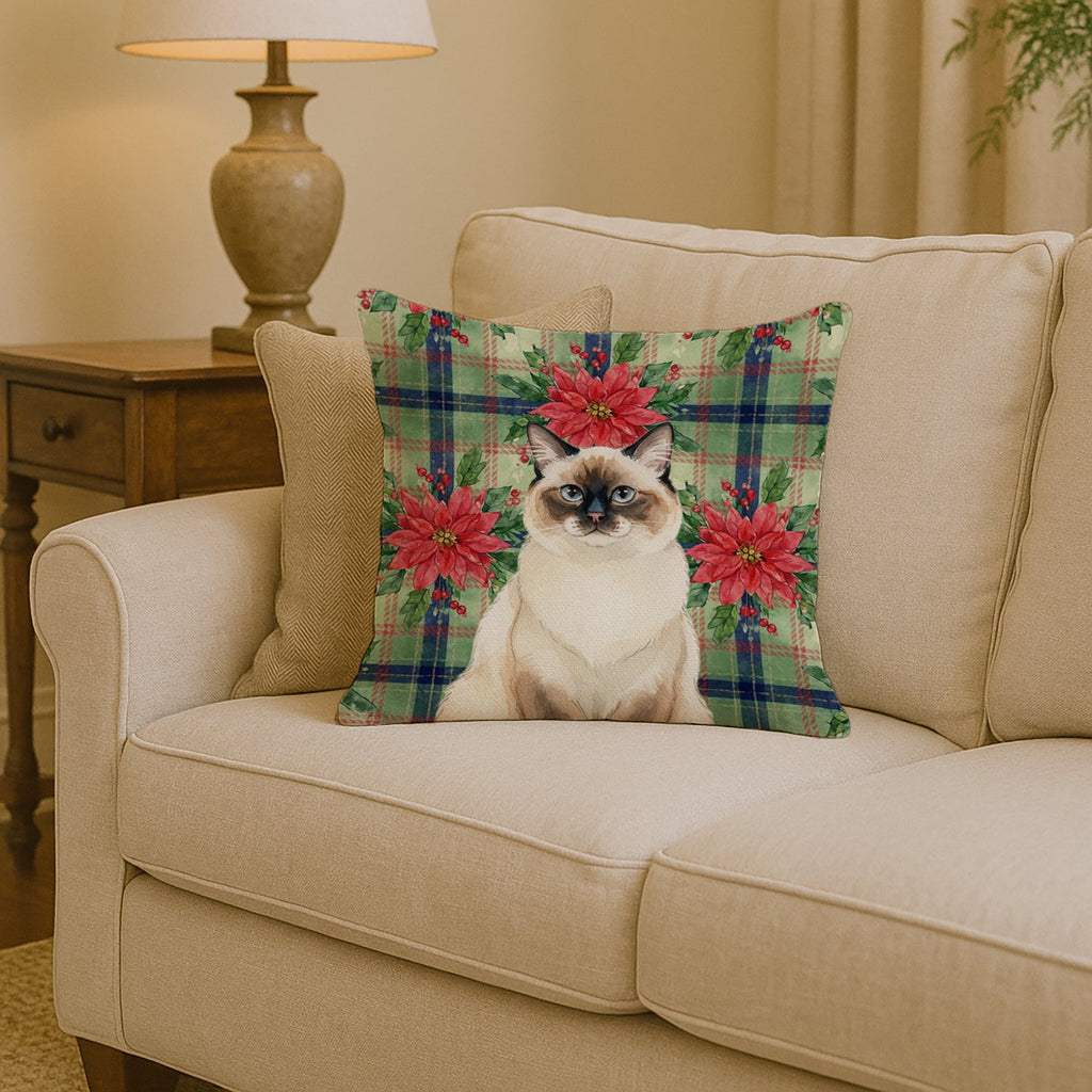Ragdoll Seal Point Cat with Poinsettias Decorative Throw Pillow 14x14 Indoor Outdoor Accent Cushion, Fabric Cover with Insert for Sofa, Bed, Porch & Living Room