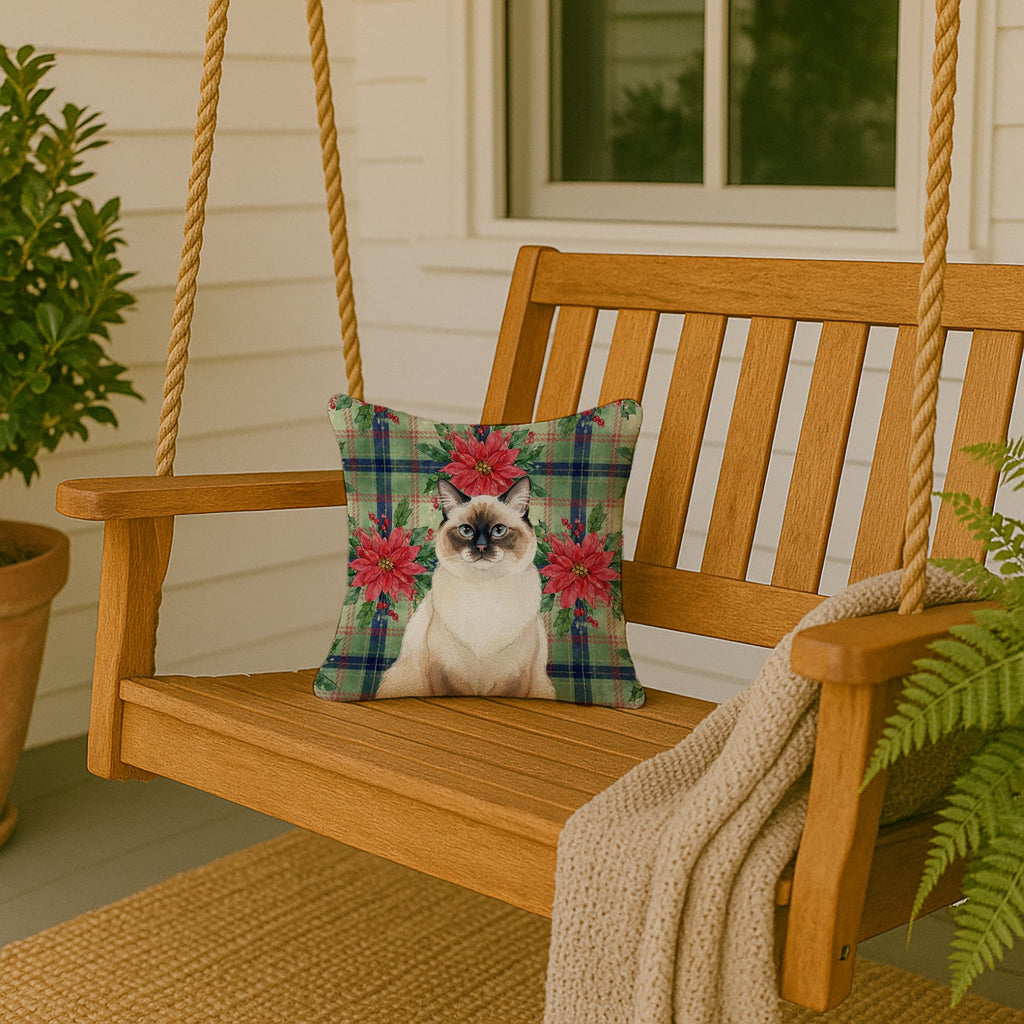 Ragdoll Seal Point Cat with Poinsettias Decorative Throw Pillow 14x14 Indoor Outdoor Accent Cushion, Fabric Cover with Insert for Sofa, Bed, Porch & Living Room