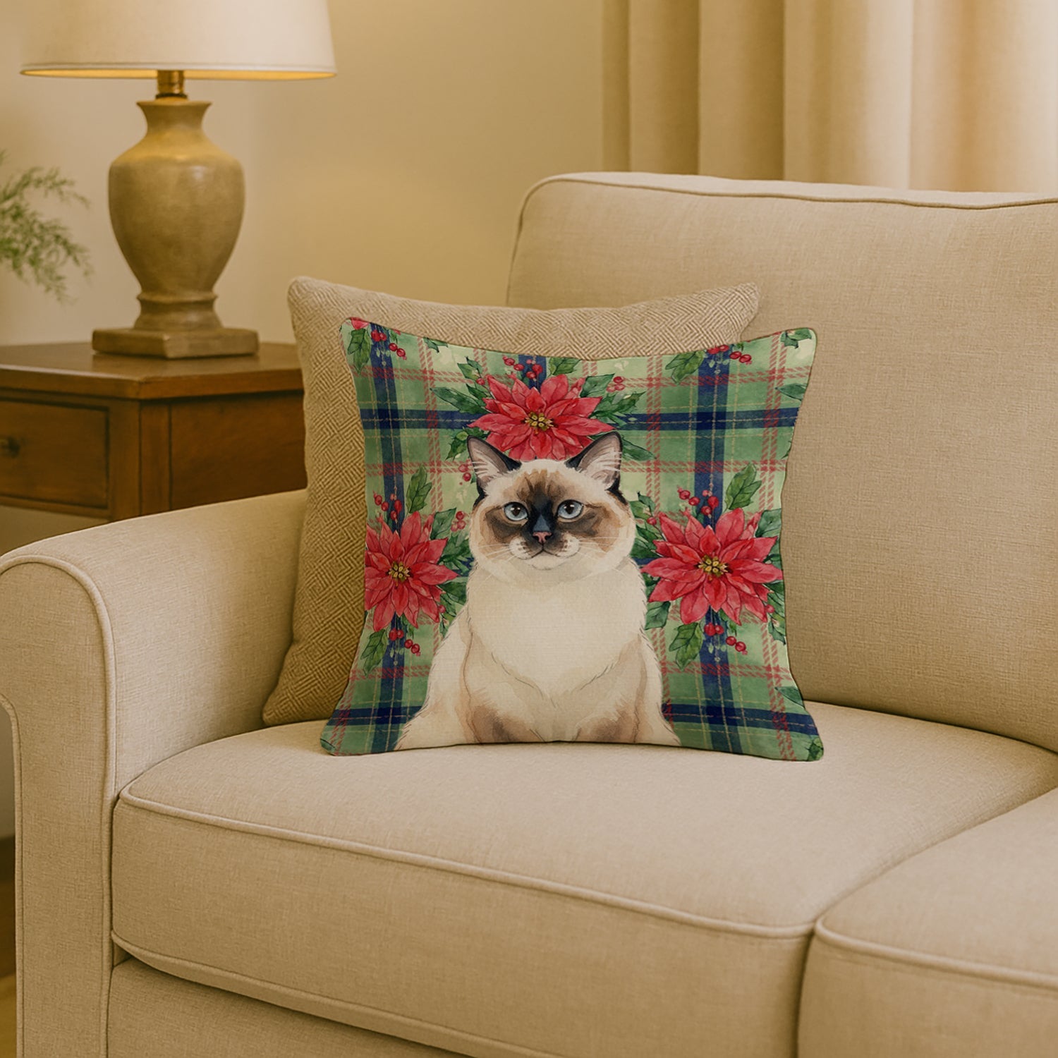 Ragdoll Seal Point Cat with Poinsettias Decorative Throw Pillow 18x18 Indoor Outdoor Accent Cushion, Fabric Cover with Insert for Sofa, Bed, Porch & Living Room