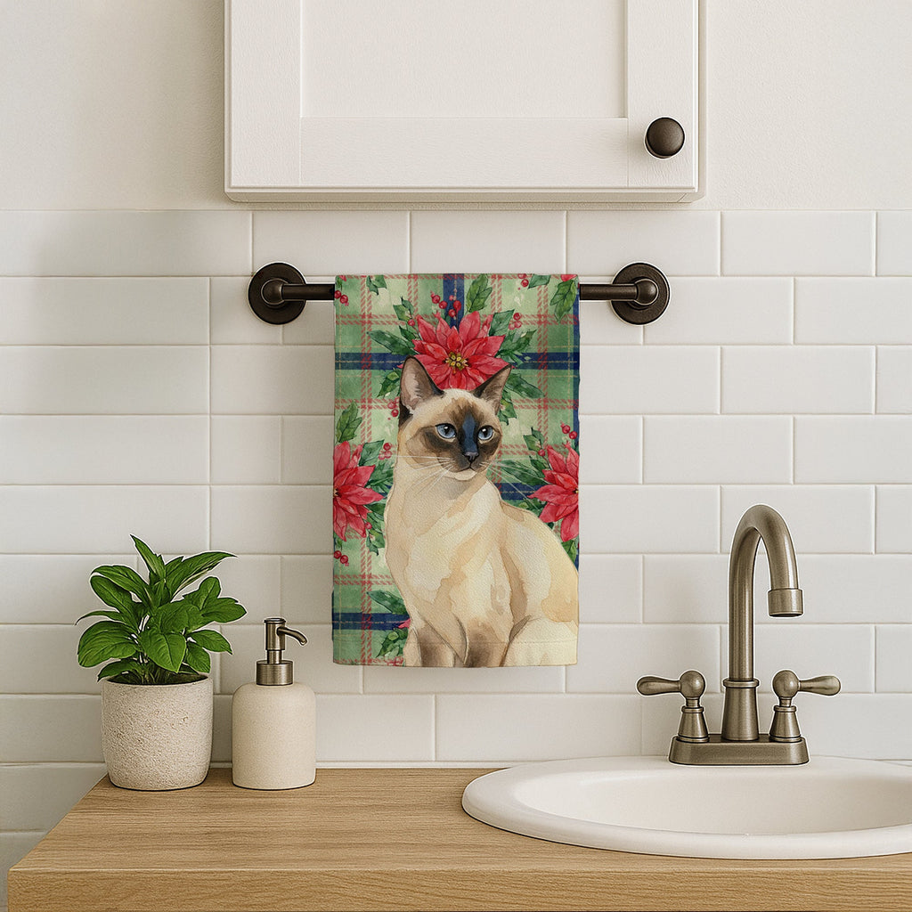 Seal Point Cat with Poinsettias Kitchen Towel Velour Plush Front and Cotton Loop Back Machine Washable
