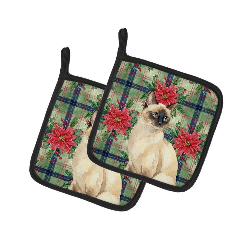 Seal Point Cat with Poinsettias Pot Holder Set of 2 Heat Resistant Quilted Hot Pads 7.5 x 7.5 Inch, Insulated Kitchen Trivets for Cooking & Baking