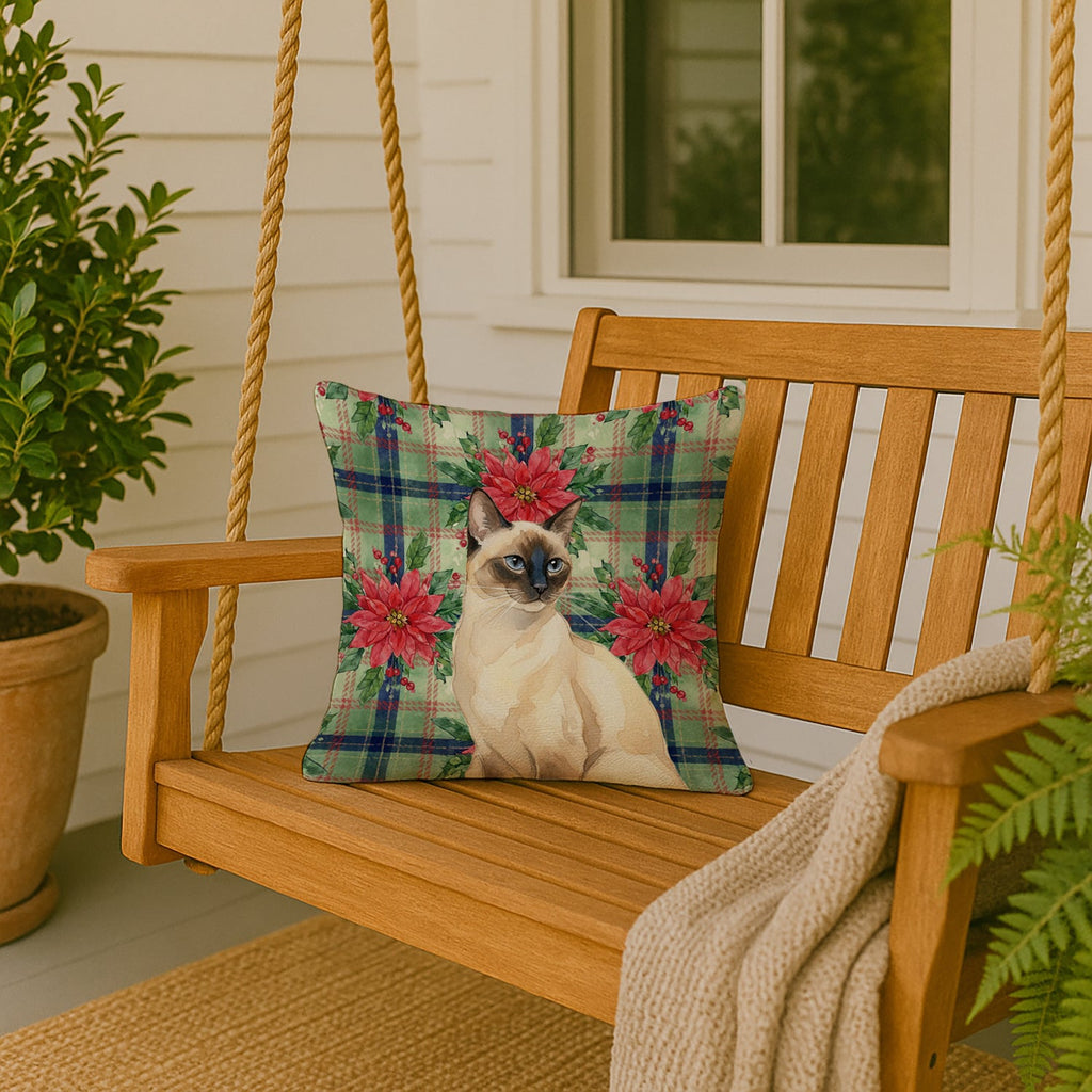 Seal Point Cat with Poinsettias Decorative Throw Pillow 18x18 Indoor Outdoor Accent Cushion, Fabric Cover with Insert for Sofa, Bed, Porch & Living Room