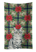 Silver Classic Tabby Cat with Poinsettias Kitchen Towel Velour Plush Front and Cotton Loop Back Machine Washable