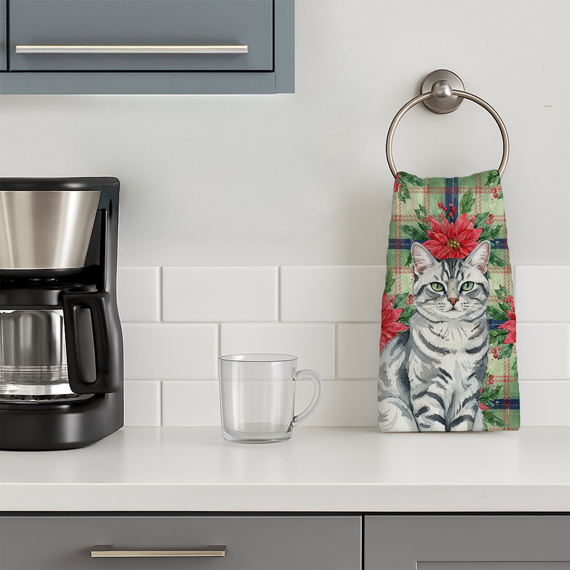 Silver Classic Tabby Cat with Poinsettias Kitchen Towel Velour Plush Front and Cotton Loop Back Machine Washable