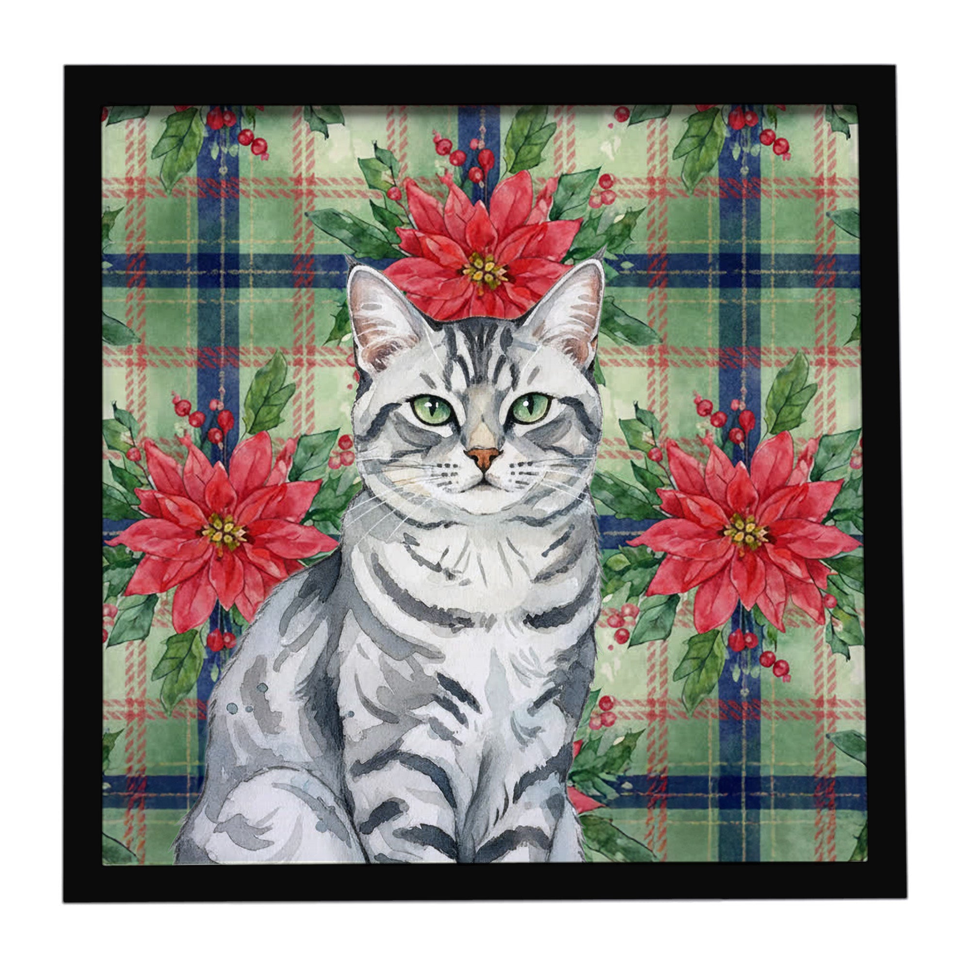Silver Classic Tabby Cat with Poinsettias Framed Metal Print Bathroom, Kitchen, Office, Home Decor Wall Art Ready to Hang, Square, 8X8