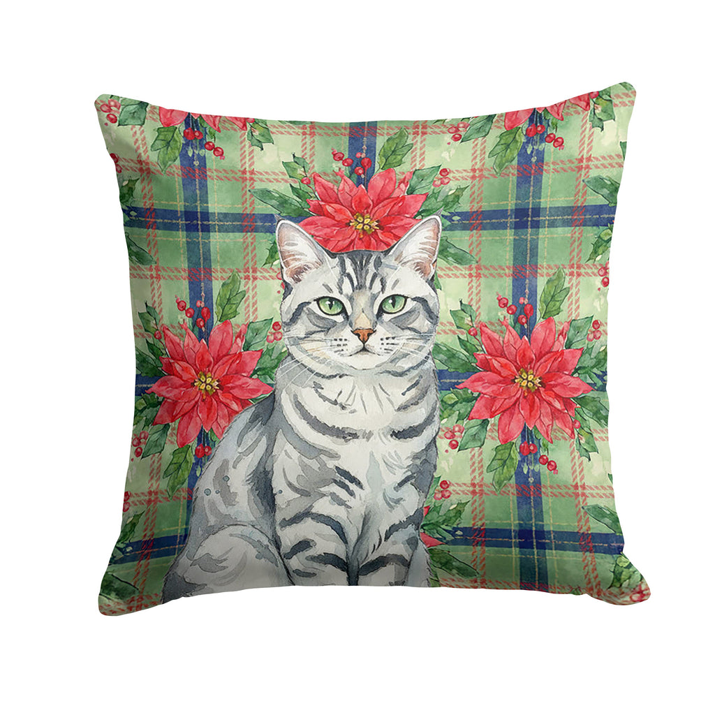 Silver Classic Tabby Cat with Poinsettias Decorative Throw Pillow 14x14 Indoor Outdoor Accent Cushion, Fabric Cover with Insert for Sofa, Bed, Porch & Living Room