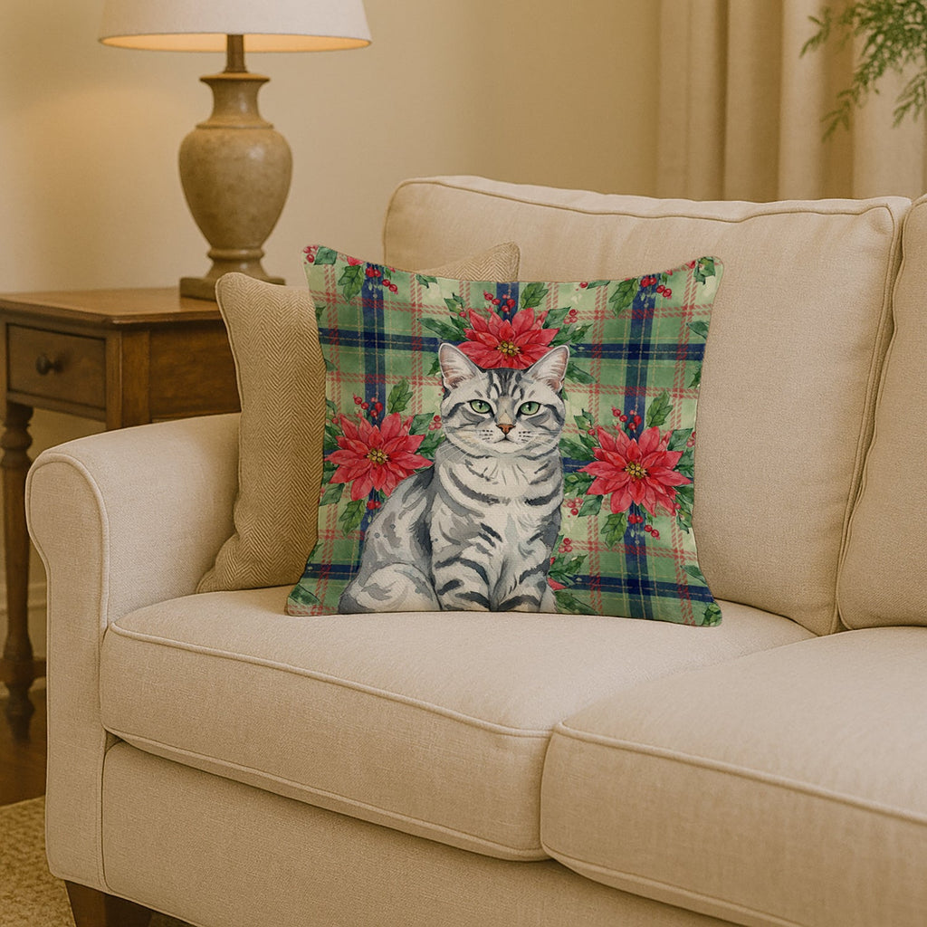 Silver Classic Tabby Cat with Poinsettias Decorative Throw Pillow 14x14 Indoor Outdoor Accent Cushion, Fabric Cover with Insert for Sofa, Bed, Porch & Living Room