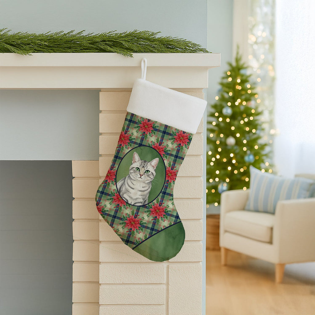 Silver Mackerel Tabby Cat with Poinsettias Holiday Stocking Double-Sided Print, Polyester Suede,11x18, Made in USA