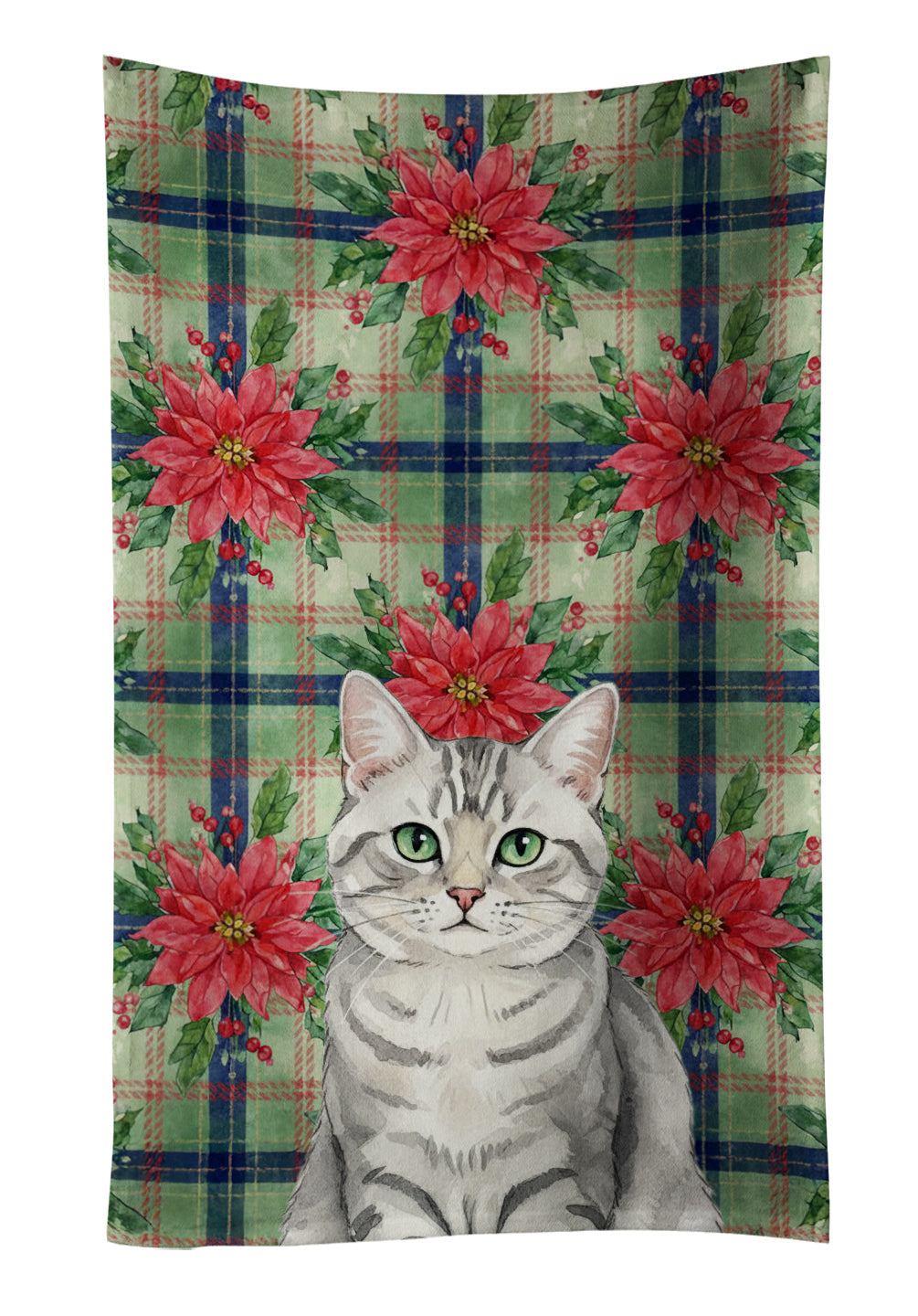 Silver Mackerel Tabby Cat with Poinsettias Kitchen Towel Velour Plush Front and Cotton Loop Back Machine Washable