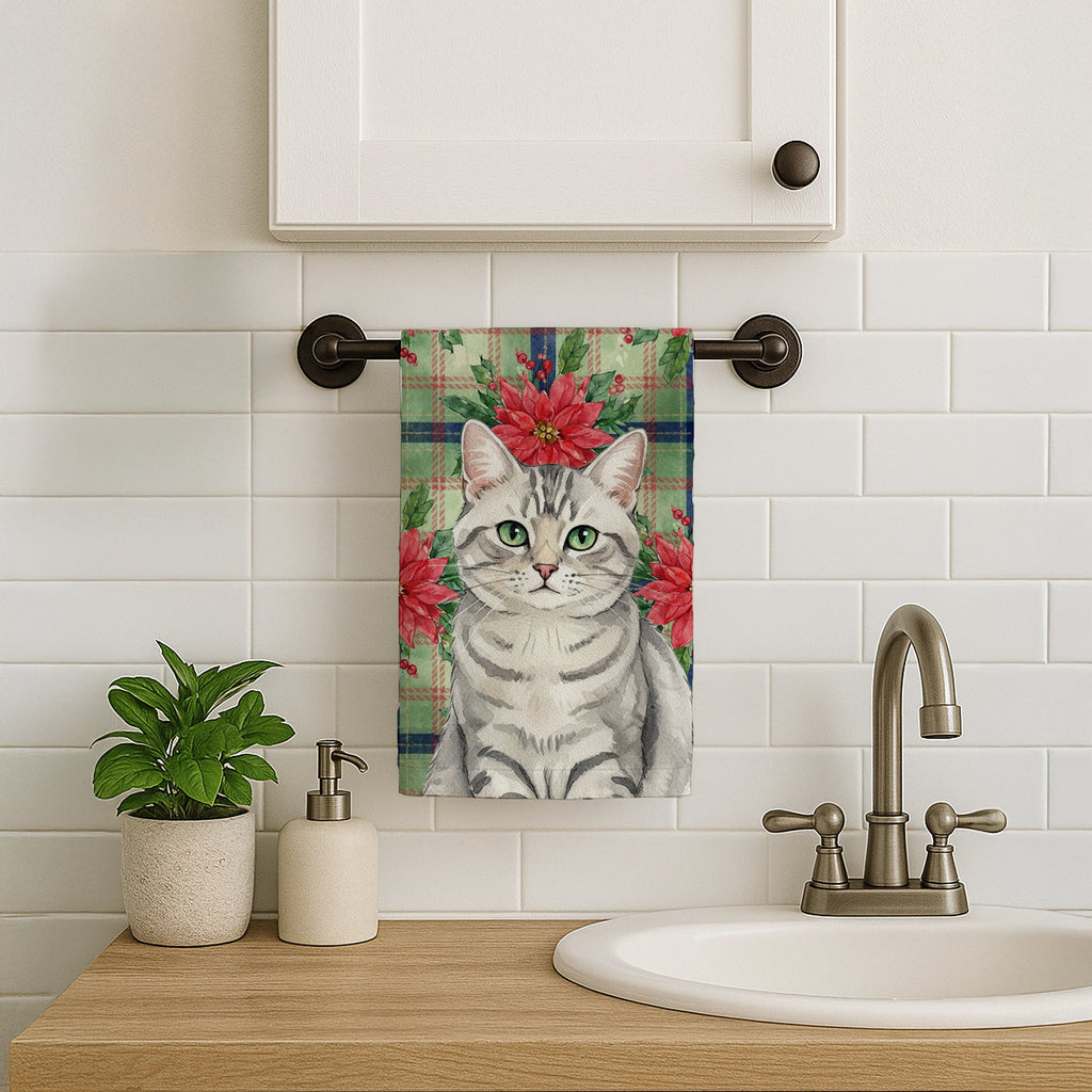 Silver Mackerel Tabby Cat with Poinsettias Kitchen Towel Velour Plush Front and Cotton Loop Back Machine Washable