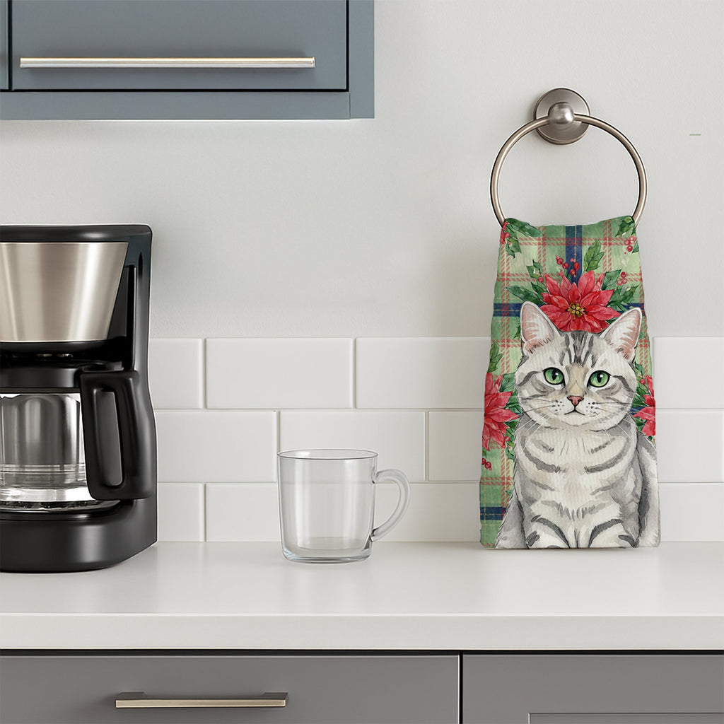 Silver Mackerel Tabby Cat with Poinsettias Kitchen Towel Velour Plush Front and Cotton Loop Back Machine Washable