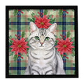 Silver Mackerel Tabby Cat with Poinsettias Framed Metal Print Bathroom, Kitchen, Office, Home Decor Wall Art Ready to Hang, Square, 8X8