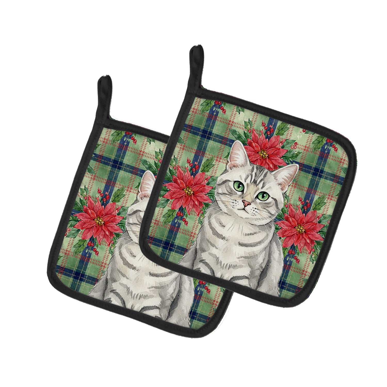 Silver Mackerel Tabby Cat with Poinsettias Pot Holder Set of 2 Heat Resistant Quilted Hot Pads 7.5 x 7.5 Inch, Insulated Kitchen Trivets for Cooking & Baking