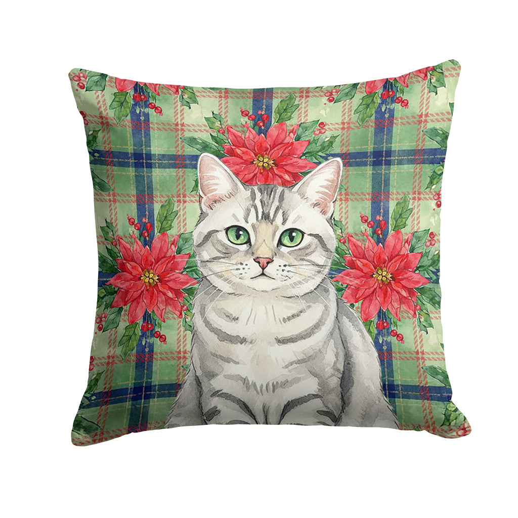 Silver Mackerel Tabby Cat with Poinsettias Decorative Throw Pillow 14x14 Indoor Outdoor Accent Cushion, Fabric Cover with Insert for Sofa, Bed, Porch & Living Room