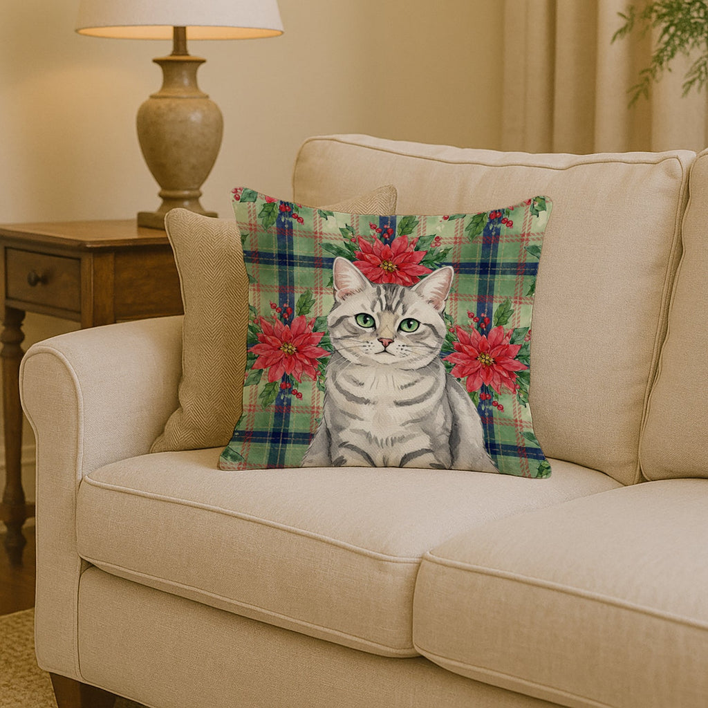 Silver Mackerel Tabby Cat with Poinsettias Decorative Throw Pillow 14x14 Indoor Outdoor Accent Cushion, Fabric Cover with Insert for Sofa, Bed, Porch & Living Room