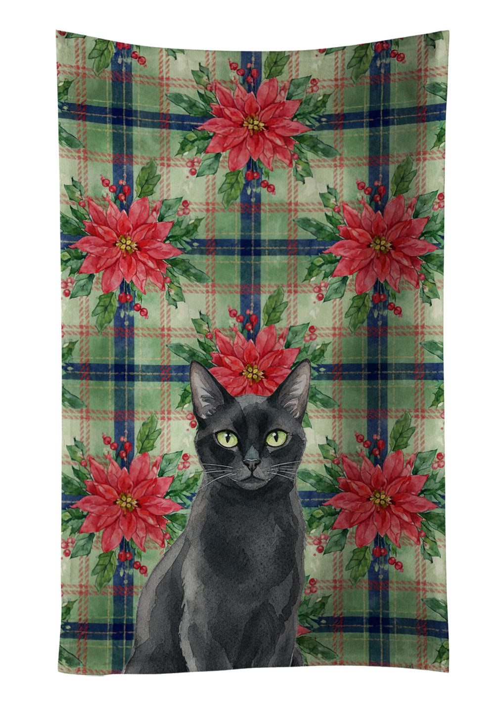 Solid Black Cat with Poinsettias Kitchen Towel Velour Plush Front and Cotton Loop Back Machine Washable